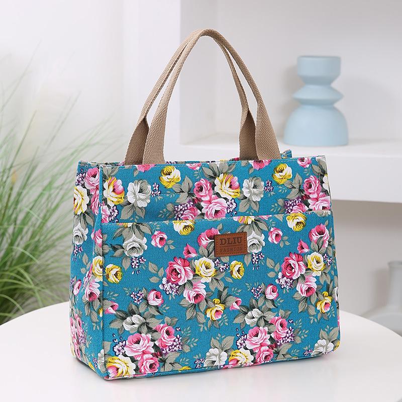 Blumenmuster-Tragetasche, Tragbare Canvas-Lunchtasche, Lässige Handtasche für Damen & Bento-Mama-Tasche für Picknick und Reisen