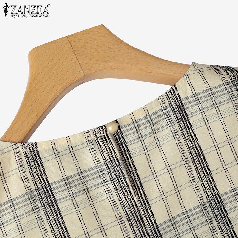 ZANZEA Women Summer Round Neck Sleeveless Grid Print Tank Tops