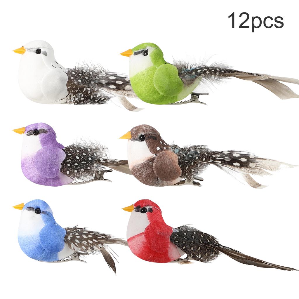 12Pcs Artificial Bird Cute Funny Lifelike Stage Performances Props Indoor Outdoor Decoration Pearl Plume