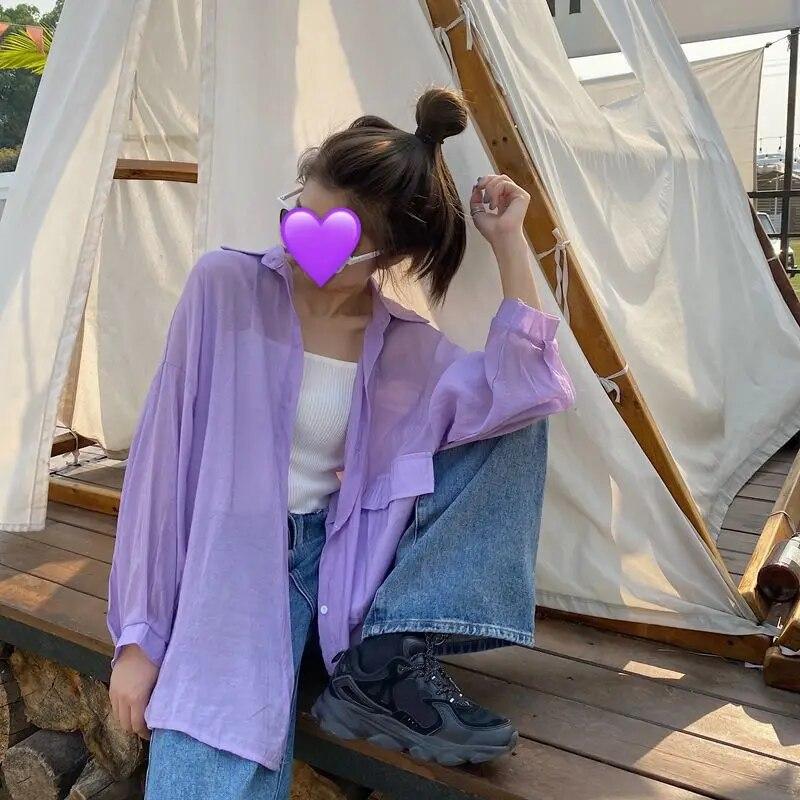 

Новая летняя тонкая солнцезащитная рубашка с большим карманом, женская блузка в стиле оверсайз, корейское однотонное свободное пальто Blusas onesize фиолетовый
