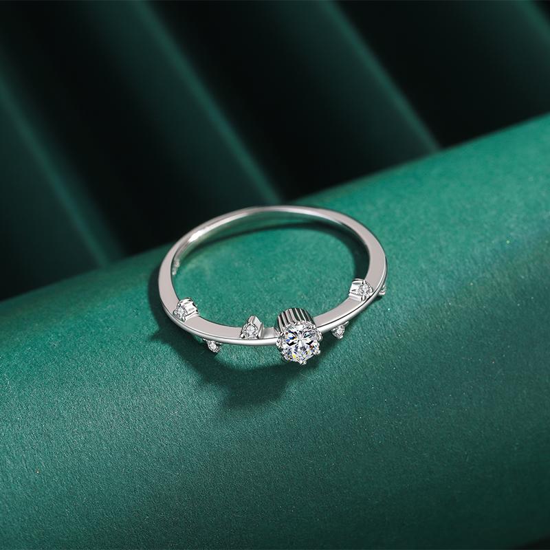 Klassischer unregelmäßiger Blattring mit rundem Kristall und vollem Zirkonia, Paarring für Frauen, Original-Sterlingsilber, Verlobung, Brautgeschenk, Schmuck