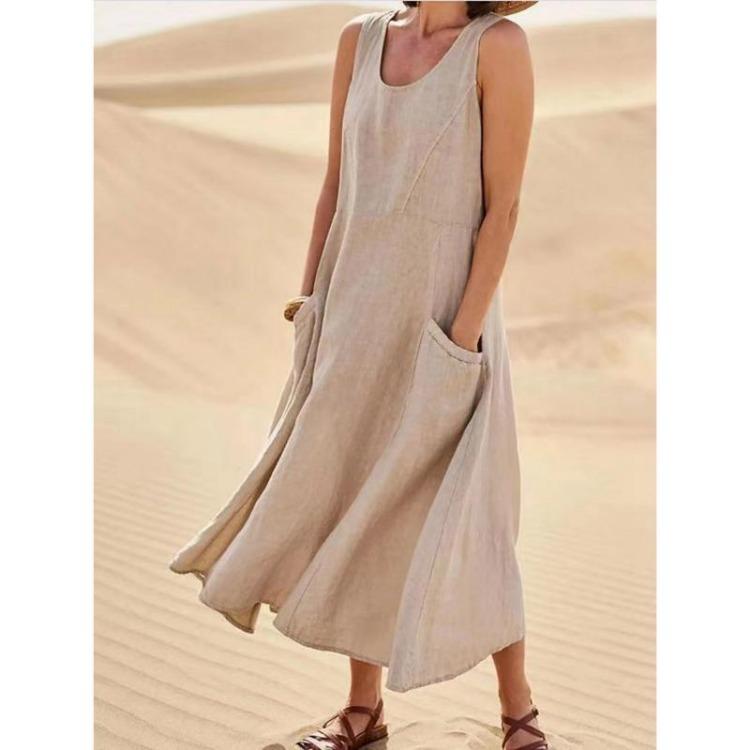 Women Casual Summer Cotton Linen Dress Loose Sleeveless Round Neck Plain Pocket