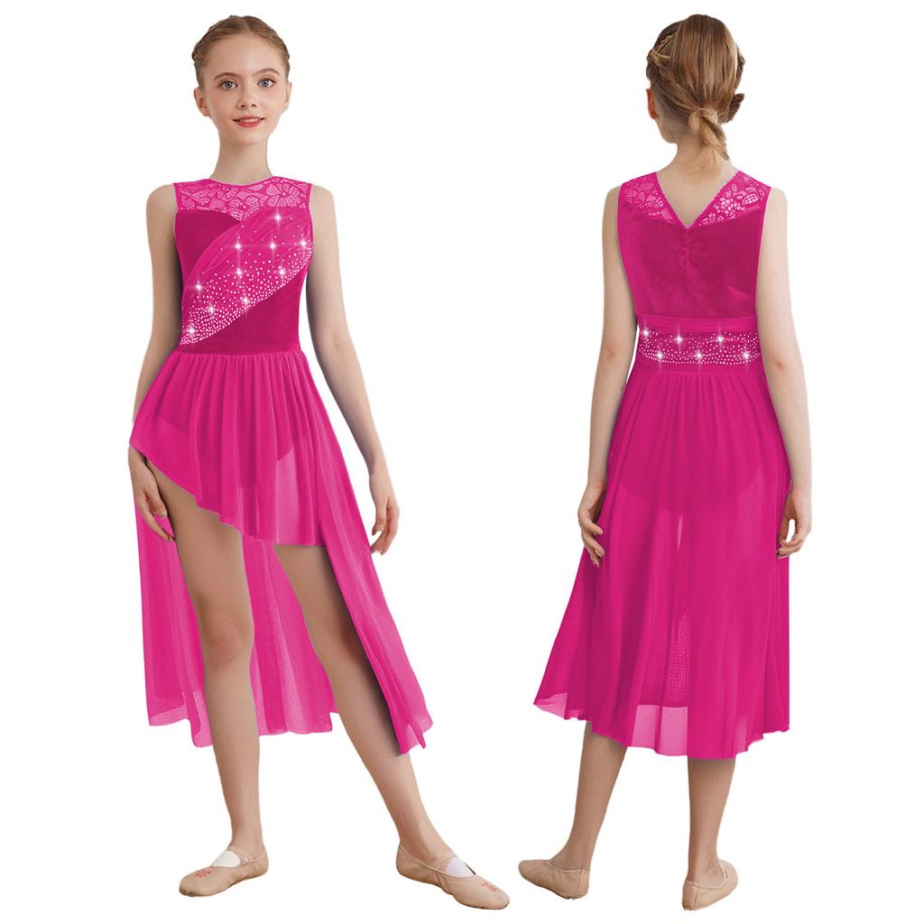 Lyrisches Tanzkleid für Mädchen: Funkelnde Strasssteine auf Spitzen-Patchwork & Raffinierte Netz-Überlagerung mit elegantem asymmetrischem Saum