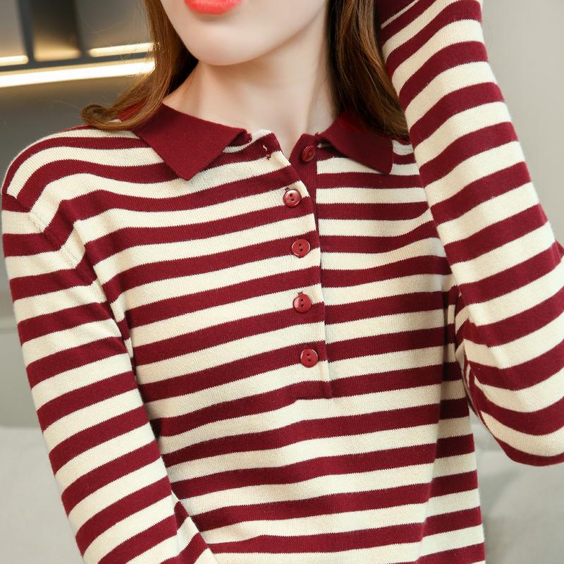 

Striped Base Shirt for Women POLO Neck Spring and Autumn New Combed Cotton Long-sleeved T-shirt Knitted Sweater Lapel Loose Top S