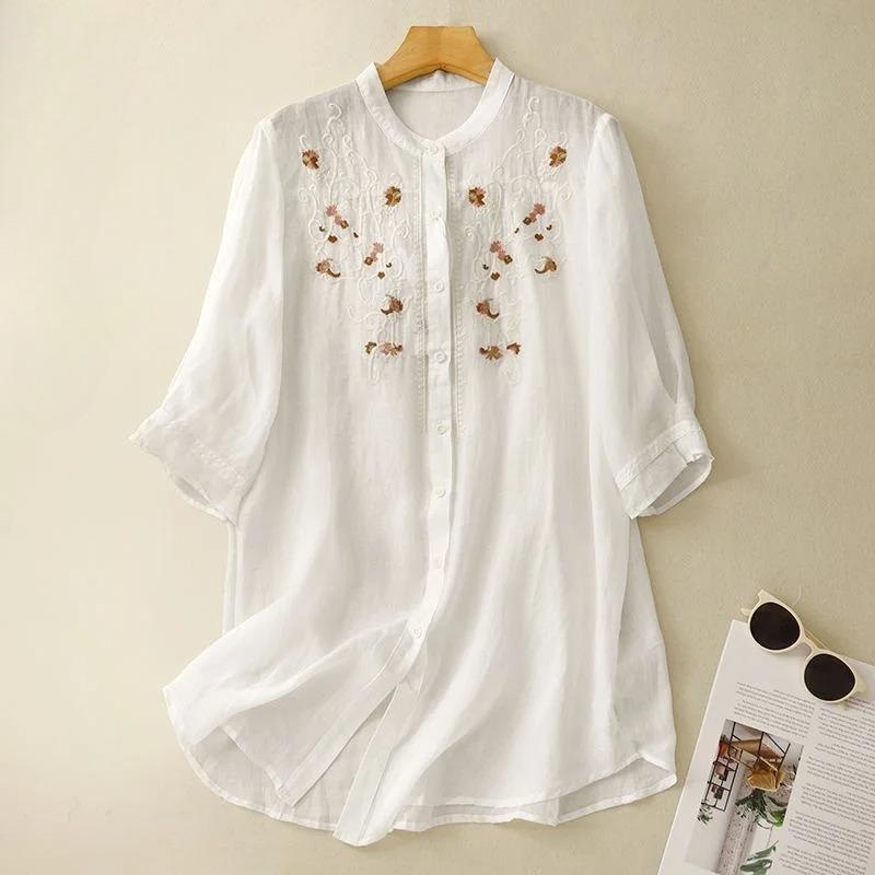Literary Floral Embroidery Women O Neck Linen Long Shirts Loose Summer Blouses Sum Protection Casual
