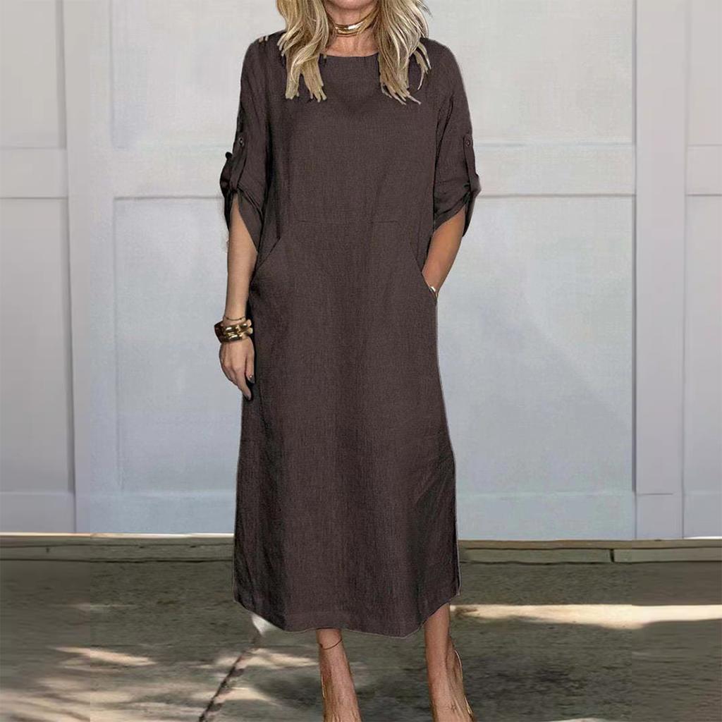 Modisches Damenkleid mit Rundhalsausschnitt, Farbe, locker, lässig, kurzärmelig, Tasche, Baumwolle und Leinen