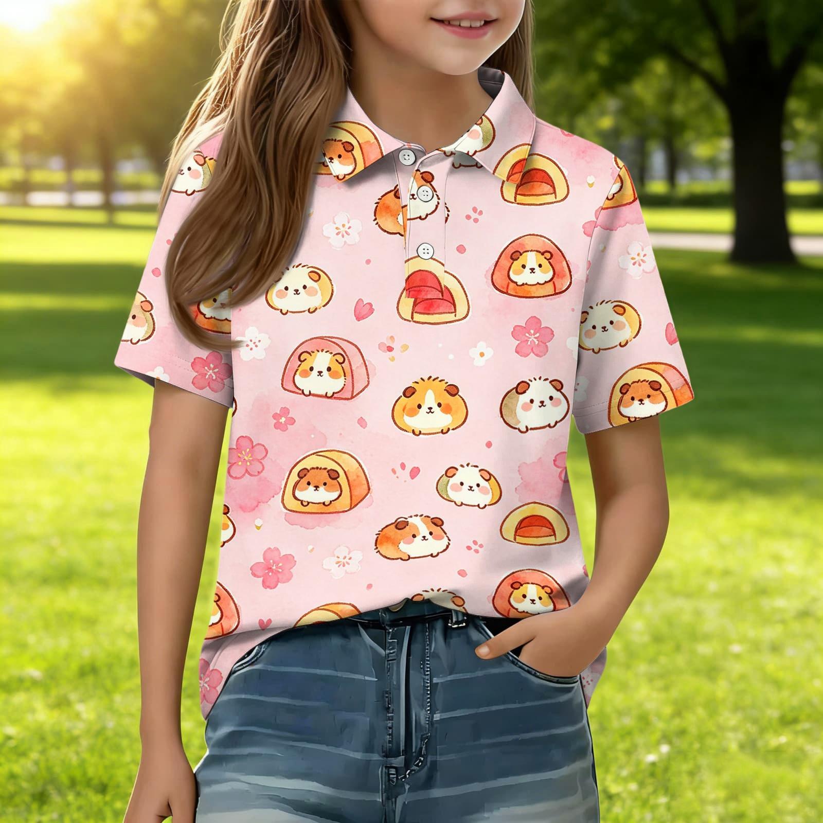 

Kids Short Sleeve Polo Shirt Animal Print Casual Top Button Down Collar Summer Tee for Boys and Girls Soft Lightweight Fabric 140 рожевий