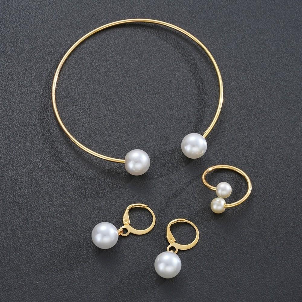 Vintage Style Imitation Pearl Earrings Ring Bangle Elegant Gold Color Jewelry Jewelry Set  Women