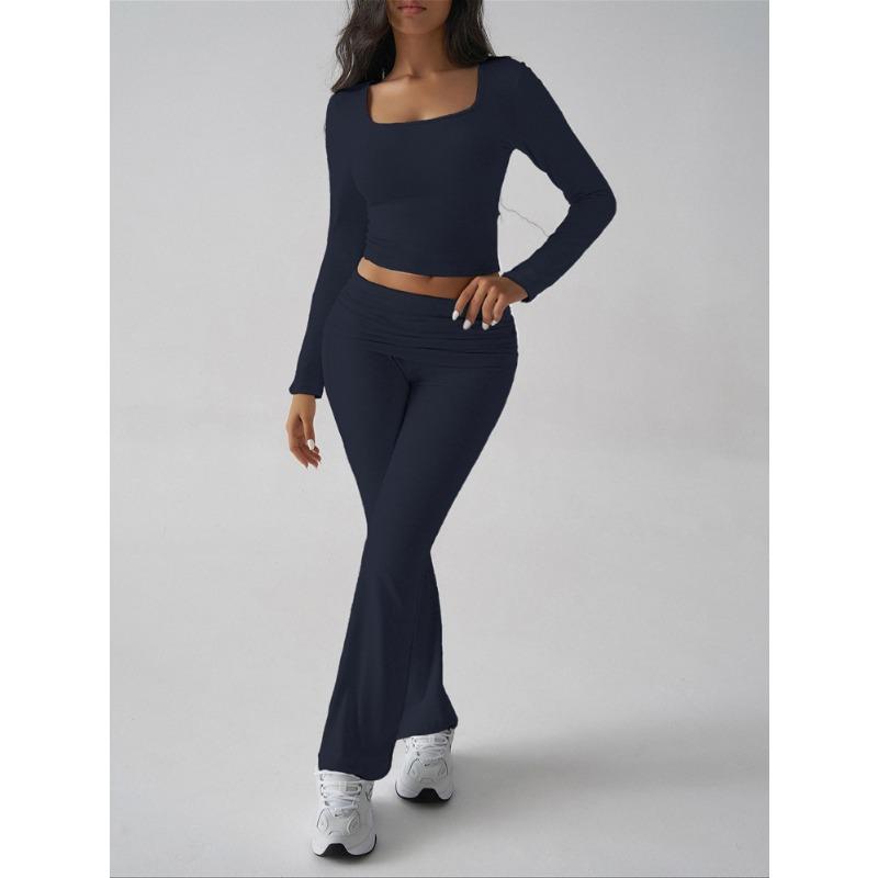 Autumn Women's Solid Colour Casual Knit Long Sleeve Top Yoga Wear Pants Suit