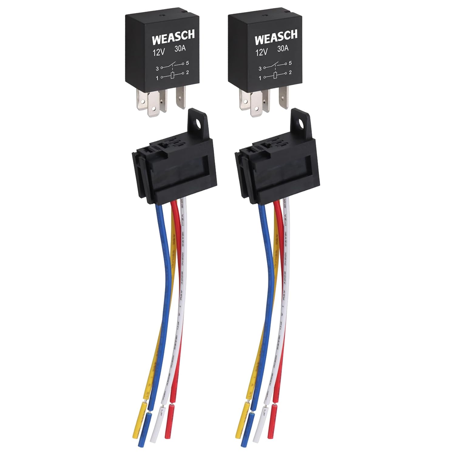 5 Pack Heavy Duty Standard Relay, 12V 30A, SPST 4Pin, with Wire Socket Plug Harness, Multi-Purpose Replacement Automotive Relay (5) 2