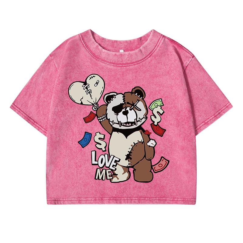 Interesting Puppet Bear Love Meprinting Female Washed Short Tshirts Casual T-Shirts Distress Midriff-Baring Tops Women