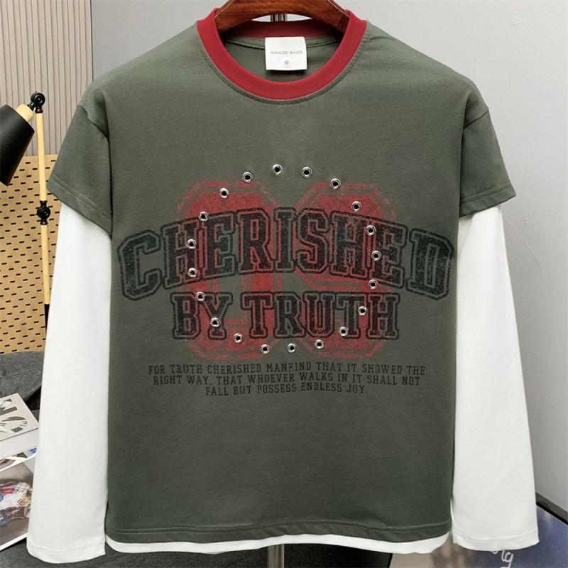 Mens Oversized Long Sleeve T-Shirt With Contrast Color Panel Distressed Letter Print Metal Ring Cutout Detail Streetwear Casual