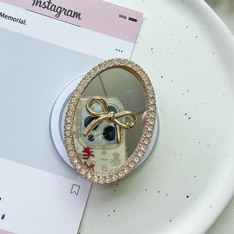 Rhinestone Bow Love Round Flower Mirror Mobile Phone Airbag Holder Magnetic Retractable Desktop Support Holder