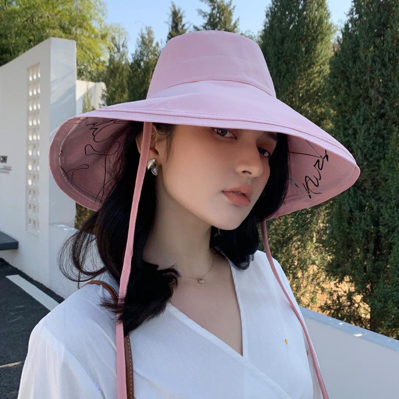Summer New Hat Women Wear Double-sided Printed Big Edge Bucket Hat Big Brim Sun Protection Sun Hat Seaside Too
