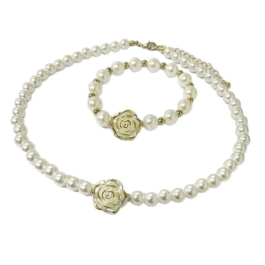 Retro Court Camellia Pearl Necklace Fashion Luxury Set Elegant Lady Bracelet Cross-Border New Style Jewelry Accessories