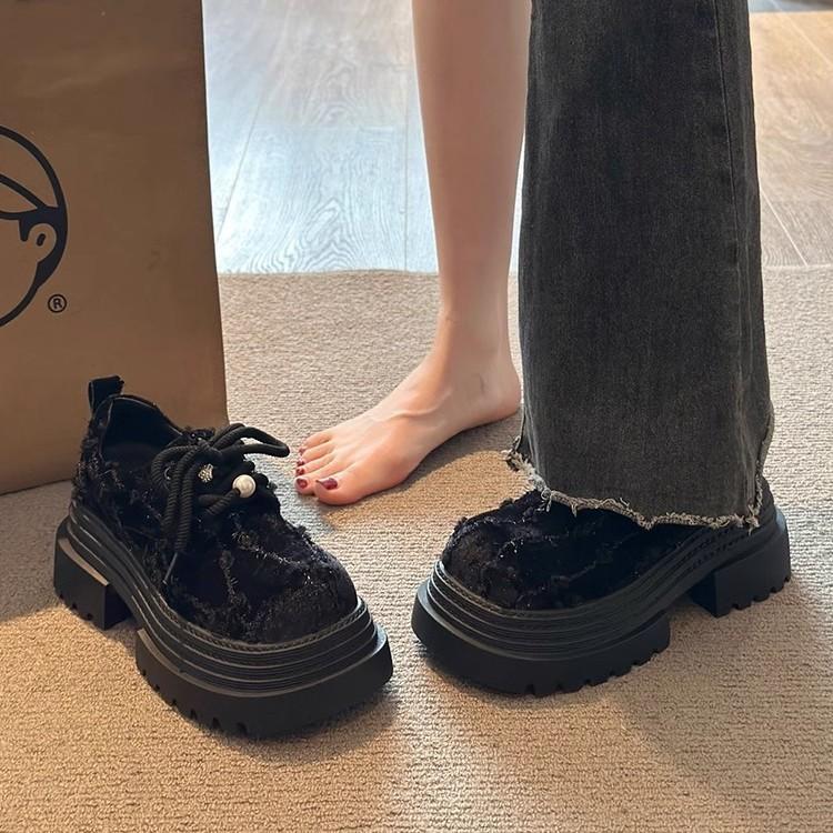 Retro Big Head Lace-up Small Leather Shoes Women's Skirt 2025 Autumn New French Single Shoes Muffin Platform Loafers