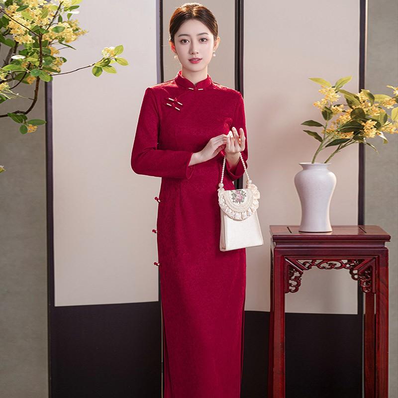 Womens Long Sleeve Chinese Style Knit Jacquard Warm Dress With Stand Collar Winter Wedding Guest Outfit Medium