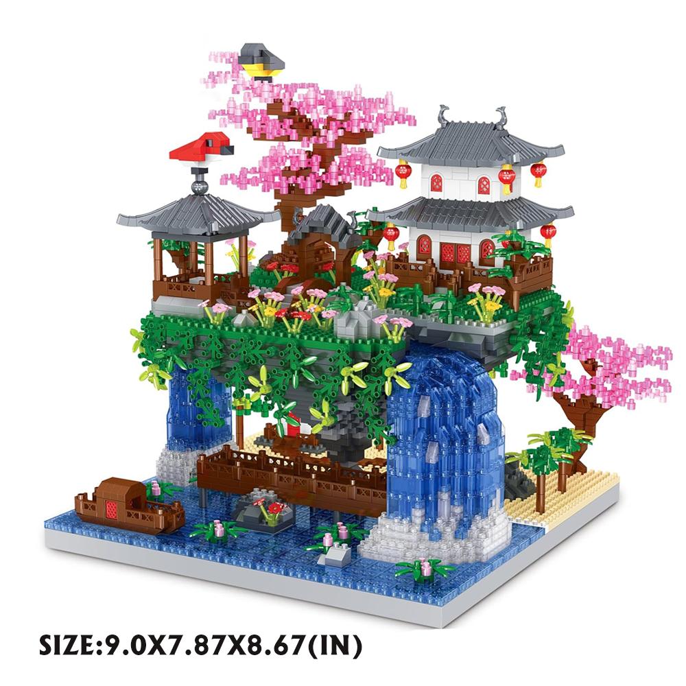 Mini Bouwsteen Set Perzikbloesem Zwembad Chinese Architectuur Kersenhout Bonsai Japanse Kersenhout Boomhuis Lantaarn Cadeau Speelgoed