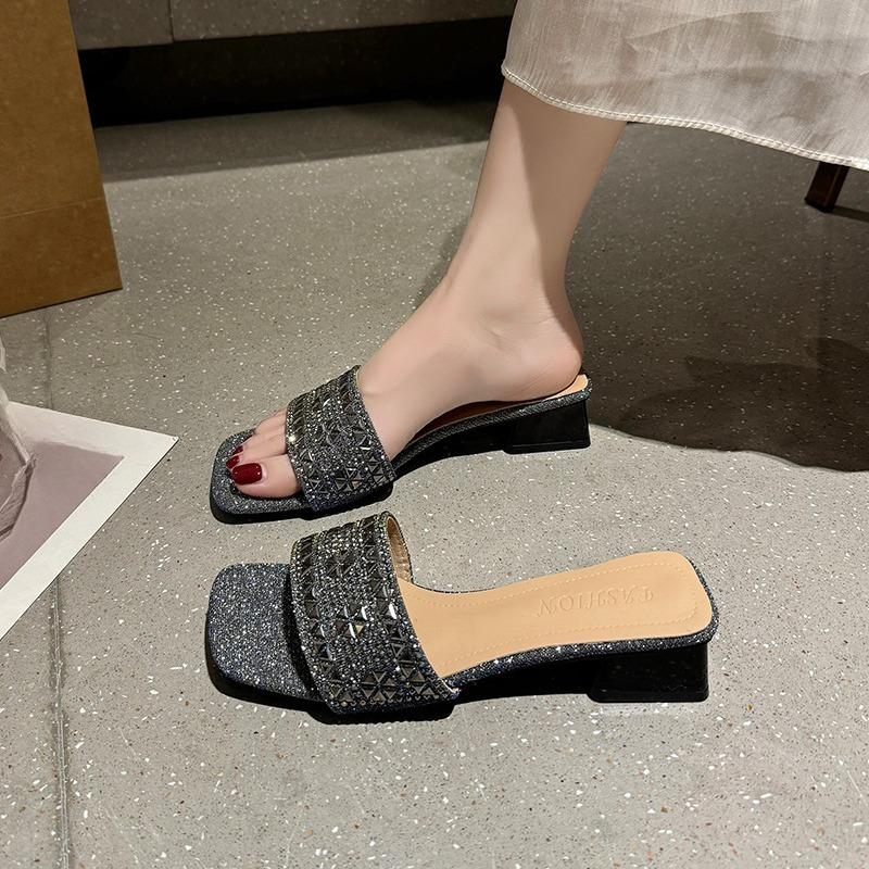 Fashion Stylish Square Heel Slippers Summer New Square Toe Open Toe Rhinestone Strap Anti-slip Wear-resistant Kitten Heels