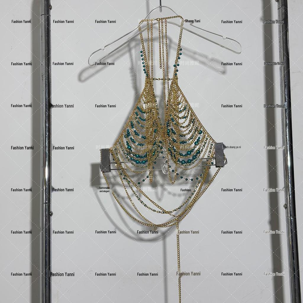 Yanni Fashion Backless Halter Pearl Beaded Corset Bra with Body Chain and Half Skirt