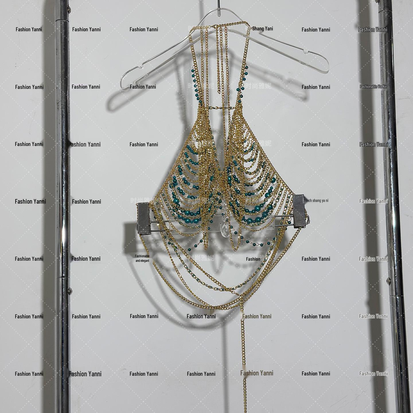 

Yanni Fashion Топ-корсет халтер без спины с жемчужной вышивкой, цепочкой для тела и полуюбкой One Size