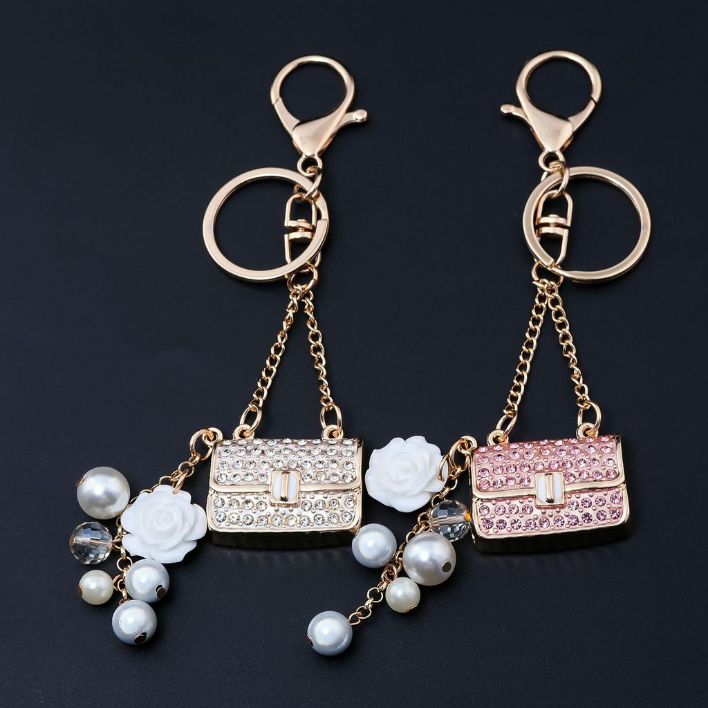 Fashion Crystal Bag Shape Flower Rhinestone Keychain for Women's Bags Pendants Decoration Accessories Car Keyrings Jewelry