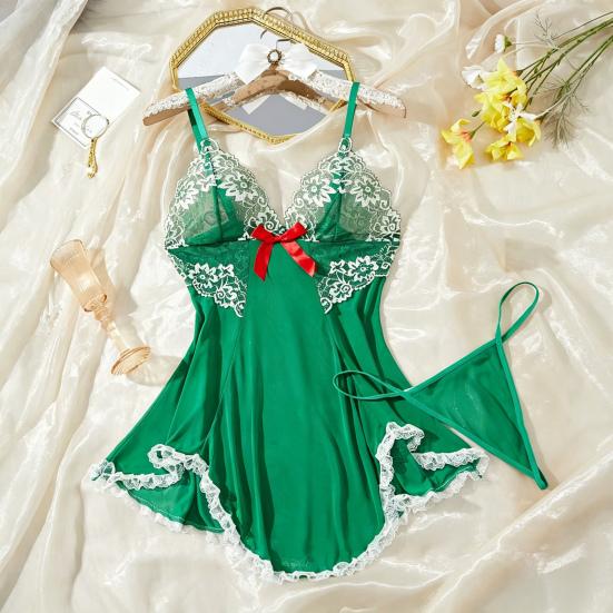 Plus Size Sexy Babydoll Nightdress for Women, V Neck Lace Sheer Mesh Nightgown, Spaghetti Strap Chemise Slip Dress with Thong