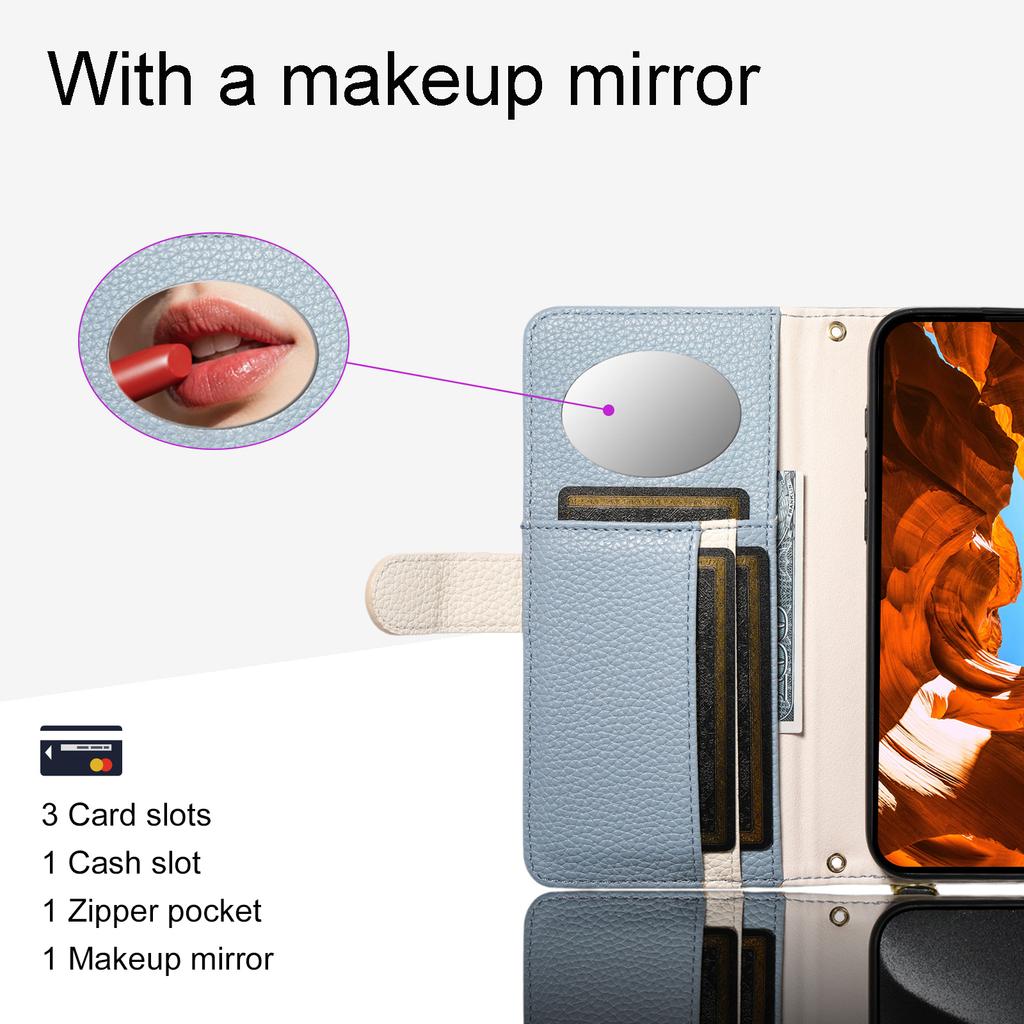 ESEBLE E11 For iPhone 14 Pro Max Case Zipper Pocket Litchi Texture Leather Phone Cover with Mirror and Wrist Strap