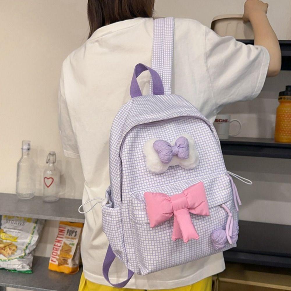 

Lattice Cute Bowknot Backpack Solid Color College Style Rucksack Nylon Student School Bag Kids розовый