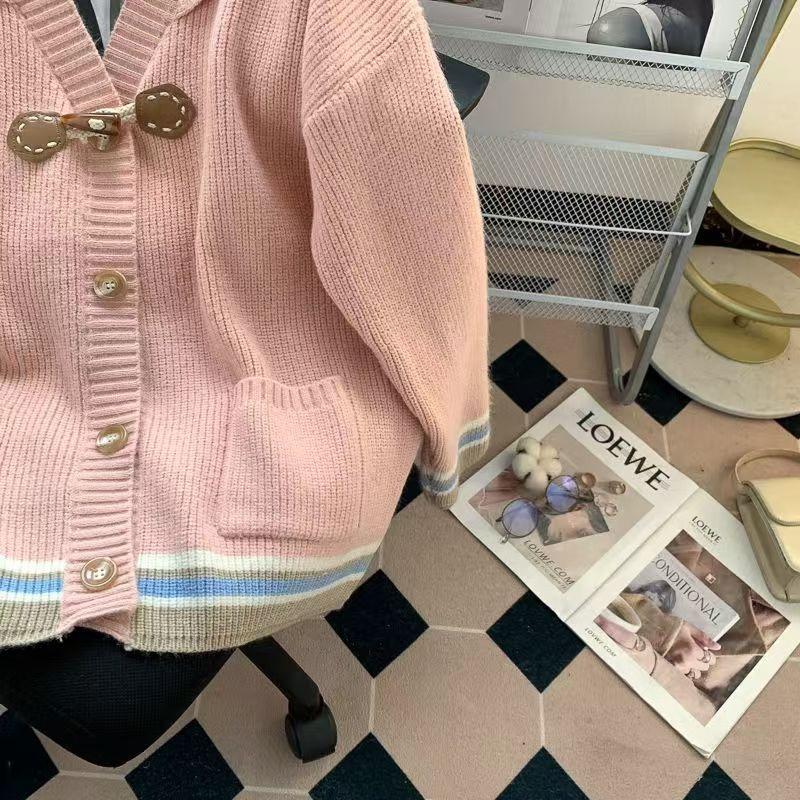 Navy Collar Retro Horn Buckle Cardigan Sweater Women's Autumn and Winter New Outer Wear Loose Lazy Wind Knitted Jacket