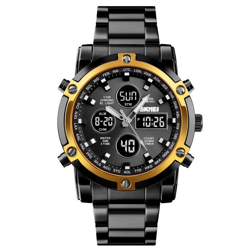Dual Display Electronic Watch, Multi-function Steel Strap, Large Dial, Three-time Men's Waterproof Watch