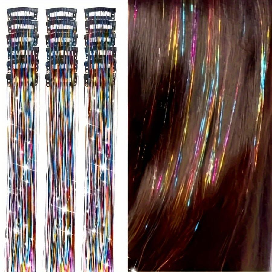 12pcs/set Shiny Threads Glitter Hair Tinsel Kit Multicolor Silk Hair Glitter String Extensions Accessories For Women Headdress