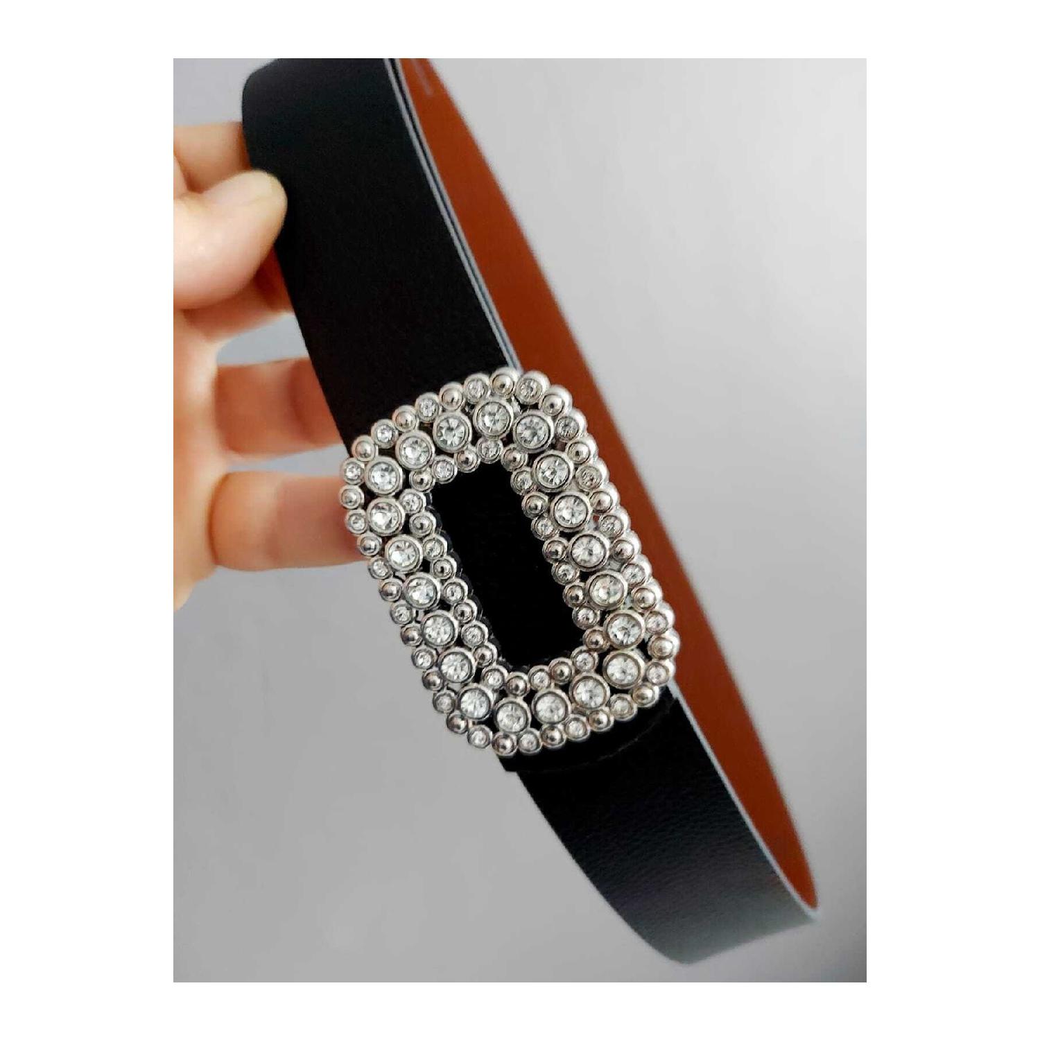 

Women s Stoned Silver Buckle Double Sided Black-tan Belt XS червоний