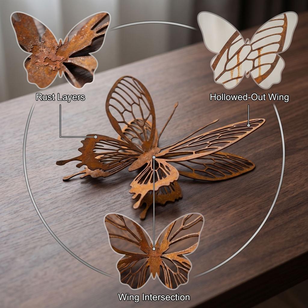 Rustic Metal Butterfly Wall Art Sculpture with Eight Wings Lightweight Decorative Hanging Ornament for Indoor Outdoor Display