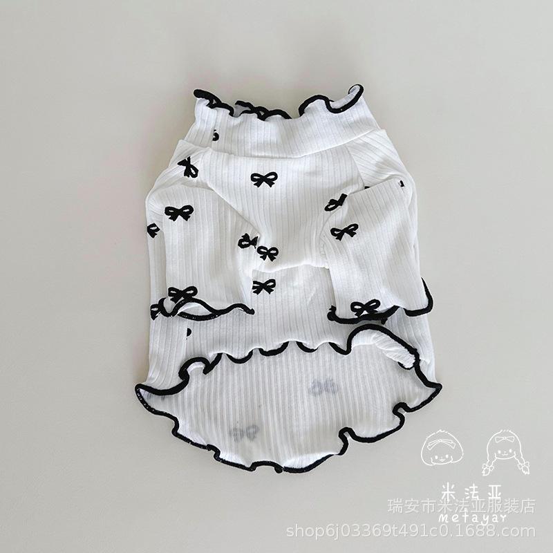 Pet Bow Printed Base Shirt Dog Dress Spring Autumn Bow Flying Sleeve Dress Long Sleeved Base Shirt Dog Clothes for Small Dogs