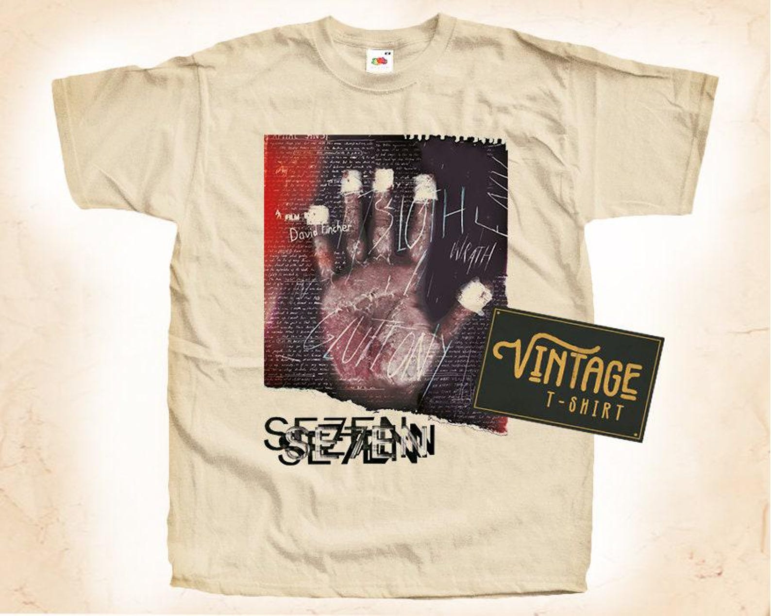 SEVEN SE7EN T-Shirt Tee Natural Vintage Cotton Movie Poster Beige All Sizes S M L XL 2X 3X 4X 5X XL
