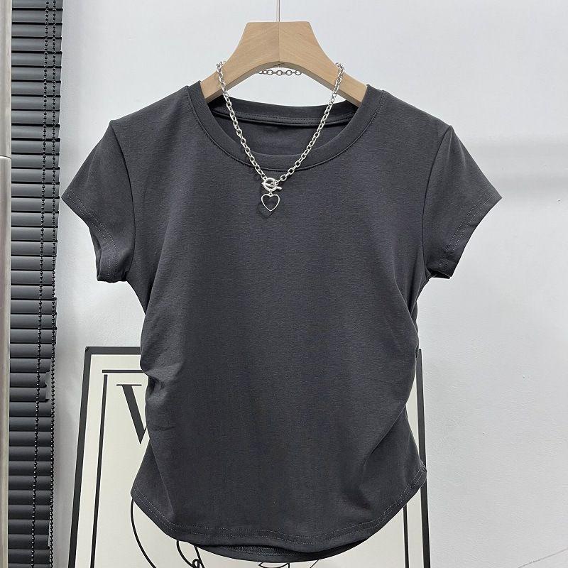 Европейская и американская однотонная узкая футболка с коротким рукавом - Дизайн Весна/Лето 2025 Large темно-серого