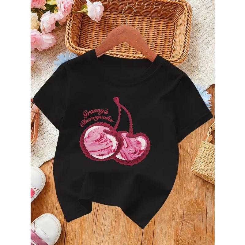 Kids Summer Crewneck T-Shirt, Granny's Cherry Cake Print Soft Breathable Stylish Short Sleeve Casual Tee