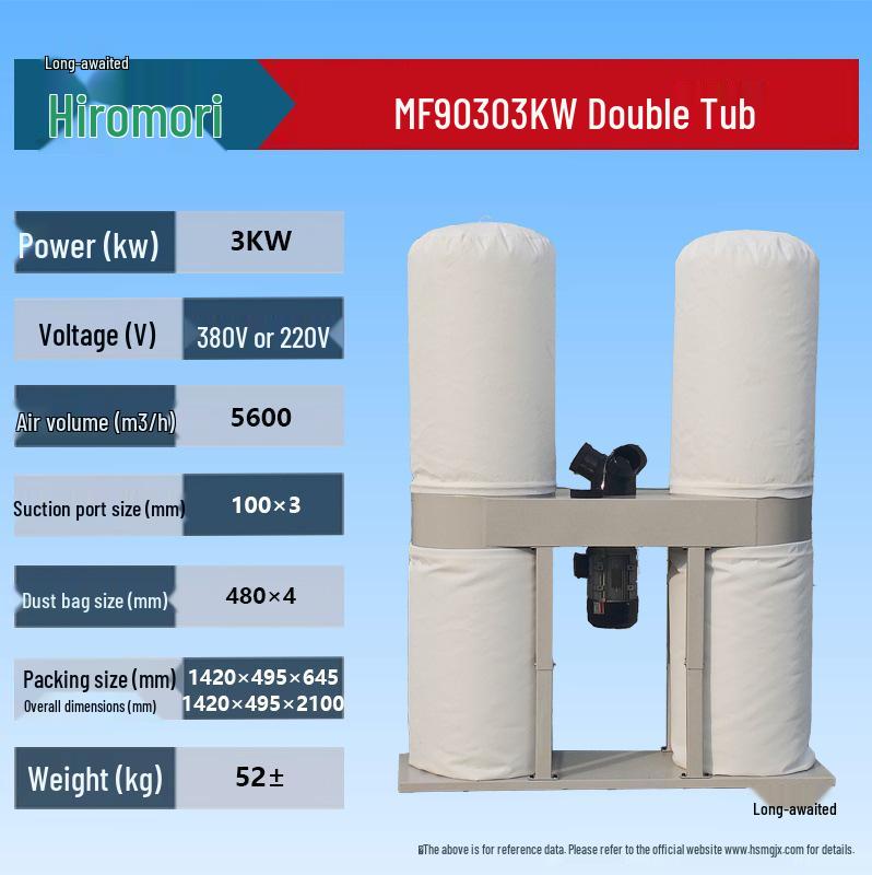 High Suction Dual Barrel Cloth Bag Dust Collector for Woodworking