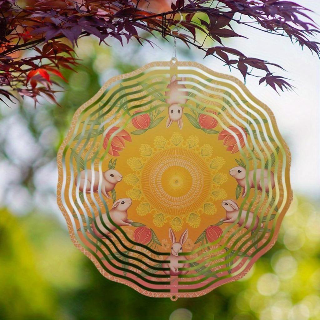 Metal Wind Spinner with Rabbit and Floral Design 360 Rotating Outdoor Decor for Garden Patio Balcony Vibrant Colors No Battery Needed