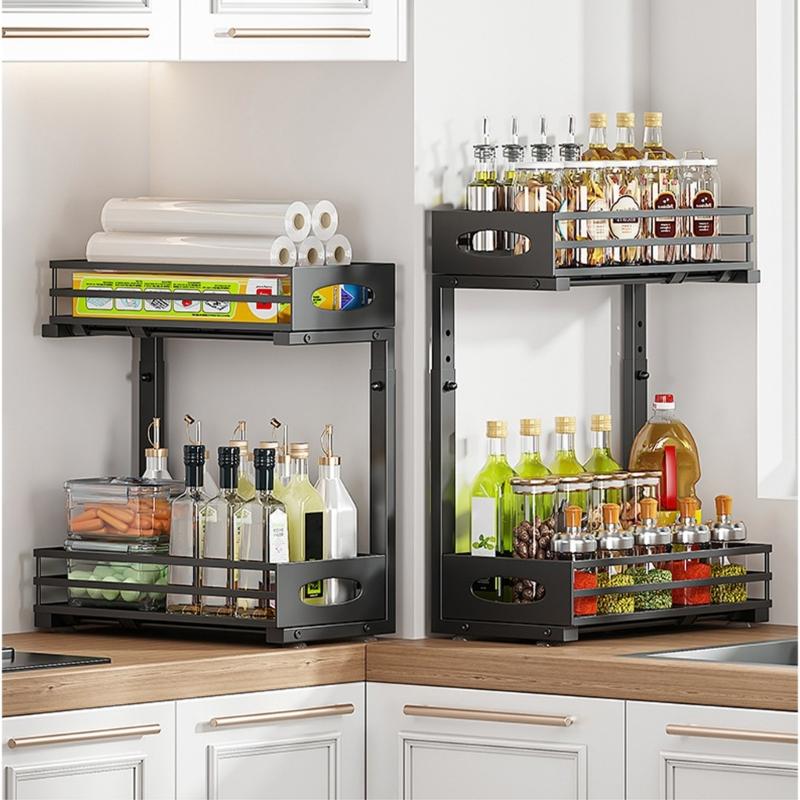 Metallic Beneath Cabinet Pull Out Holder 2 Level Adaptable Shelf For Kitchen Sink Storage Practical Solution