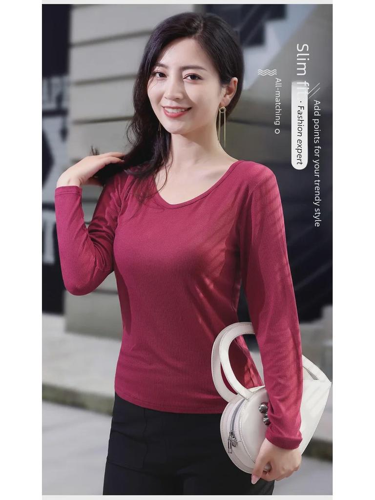 2025 Slim V-Neck Ribbed Long-Sleeve Top - Versatile Solid Color for Women's Layering