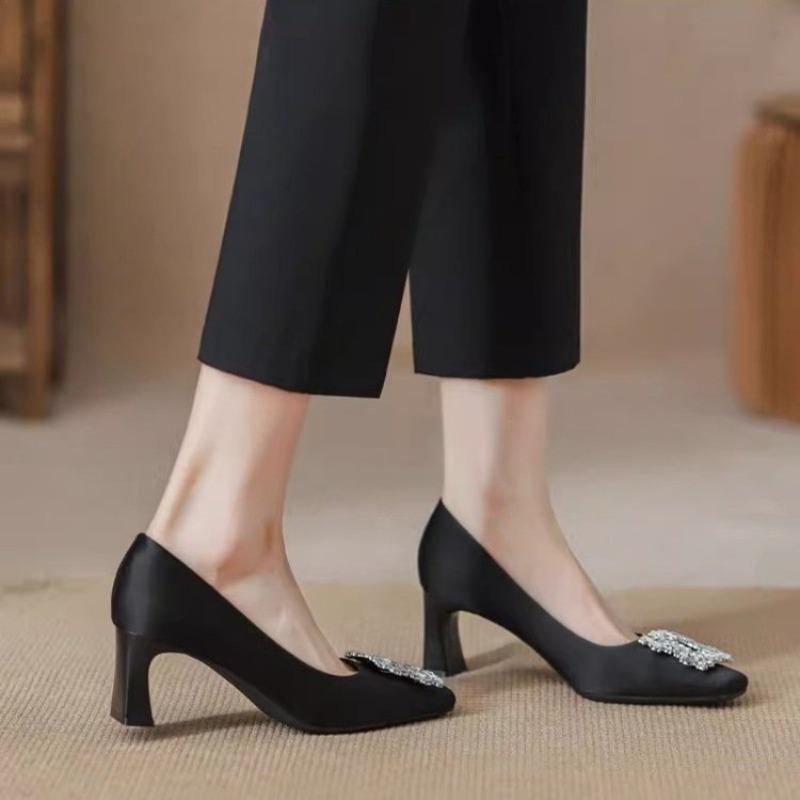Satin thick heel square head high heels women's new autumn retro black professional rhinestone square buckle shoes