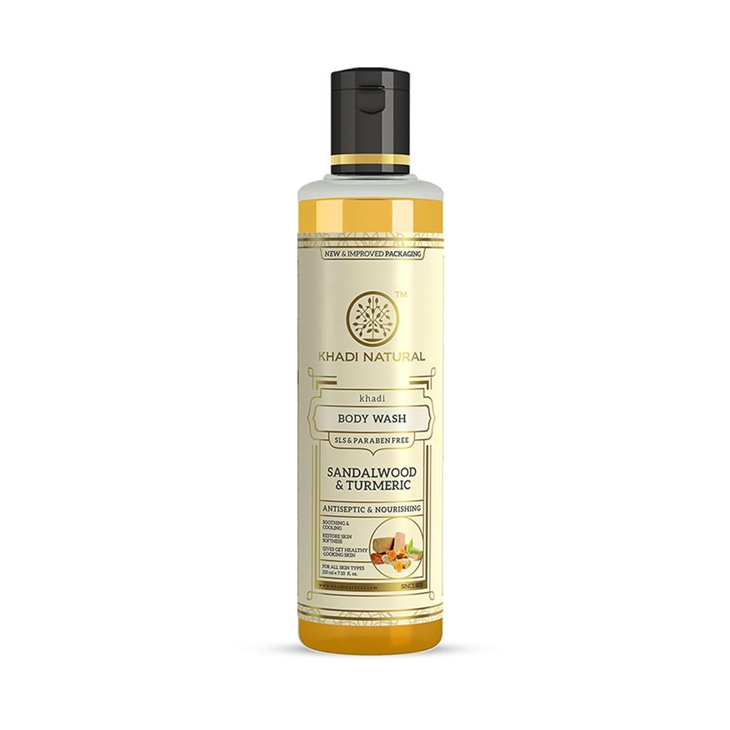 Khadi Herbal Sandal And Turmeric Body Wash 210 Ml SLS Paraben Free Gentle Cleansing Shower Gel For Soft Glowing Skin