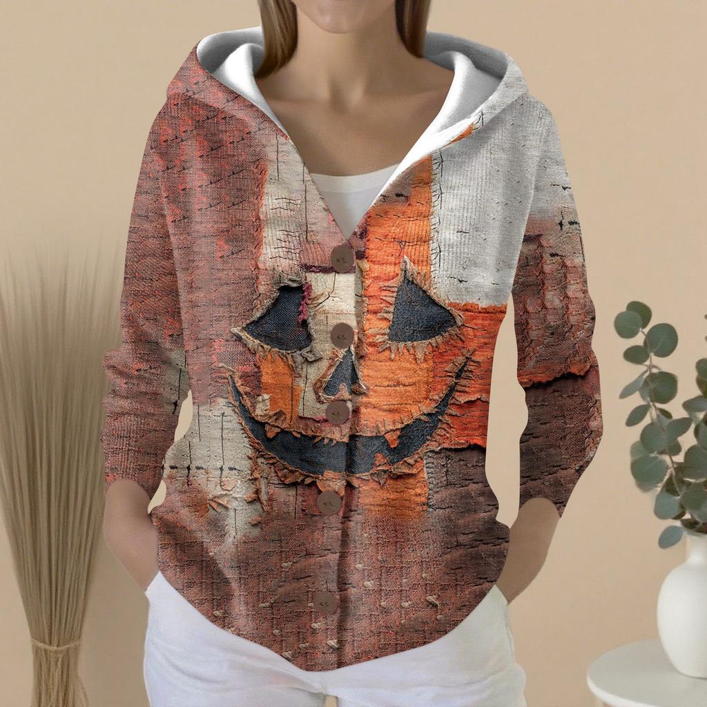 Mote for kvinner, avslappet genser, knappestrikkejakke med trykk, hettejakke