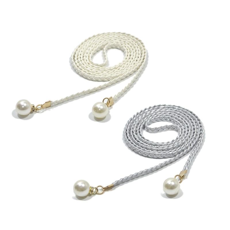 2Pcs Fashion Woven Waist Rope Adjustable Laceup Waist Belt with Pearls Decors for Women Dresses and Skirt All Matching