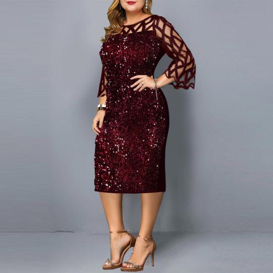 Damen O-Ausschnitt, 3/4-Ärmel, transparentes Patchwork, glänzende Pailletten, figurbetontes, knielanges Kleid