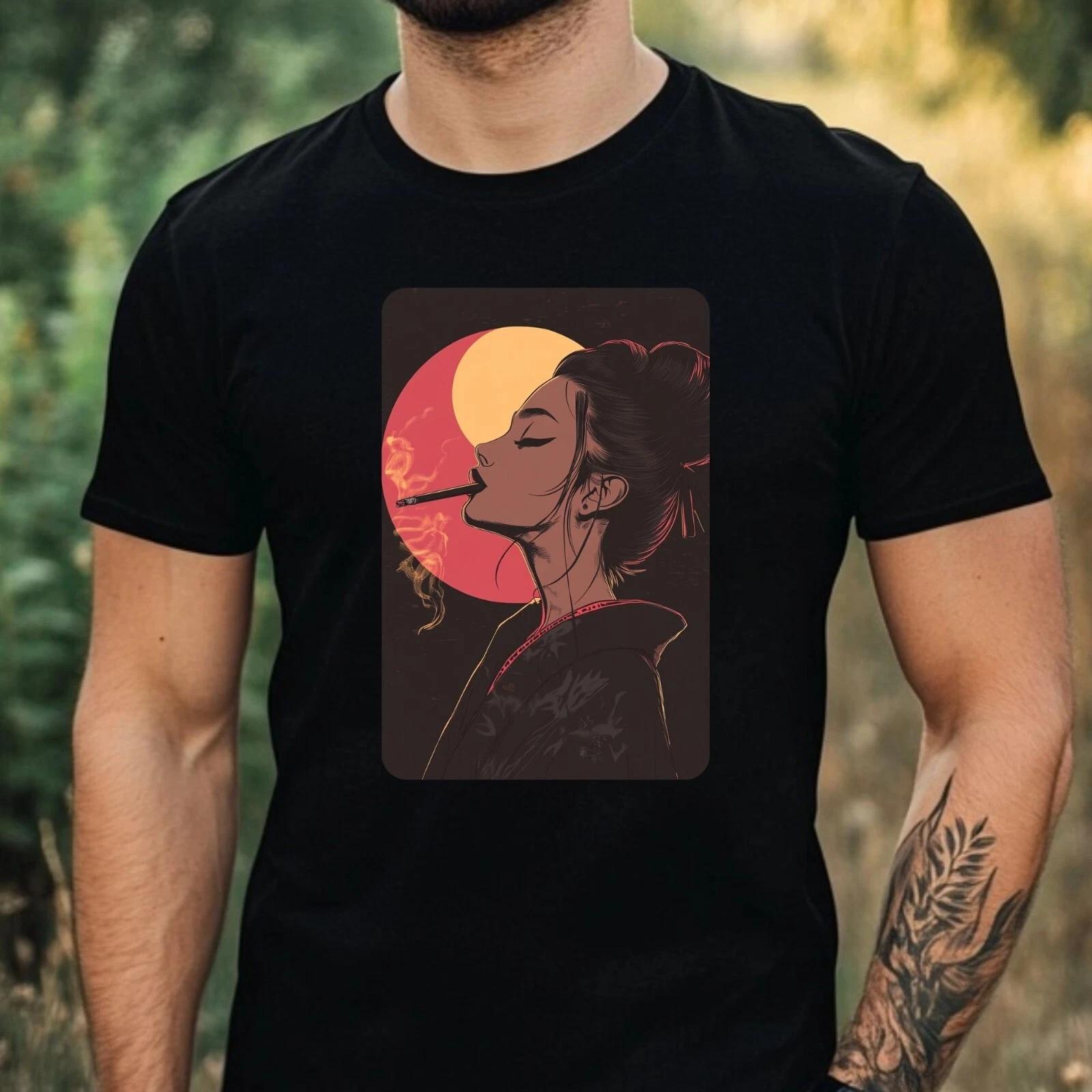 T-Shirt Herren Geisha Raucht Motiv Baumwolle Größe XS bis 5XL XL