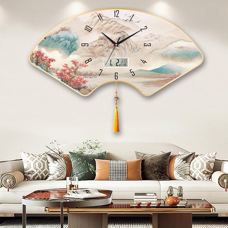 New Chinese Style Silent Wall Clock Home Living Room Wall Quartz Clock Bedroom Wall Clock Calendar Clock Fan-shaped Creative Clock