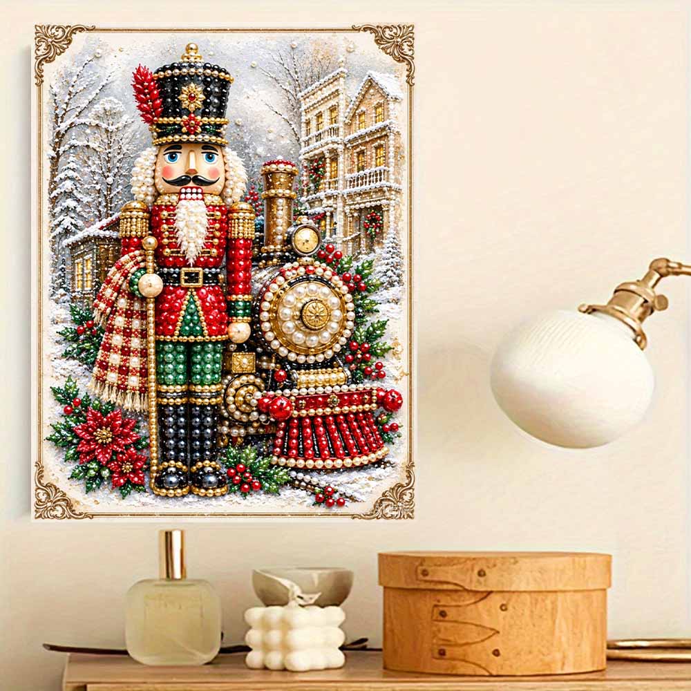 Christmas Nutcracker and Train Pearl Painting with Frame 3D Sparkling Canvas Art Relaxing Craft for Bedroom Wall Decor Holiday Gift